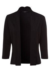 Schwarze Strickjacke aus weichem Material mit einem kragenlosen Design, offenem Vorderteil und drei Viertel langen Ärmeln, mit dezentem Raffung am Hals.