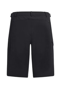 Shorts noirs mi-genoux avec passants pour ceinture et une poche latérale, vus de dos sur un fond blanc.