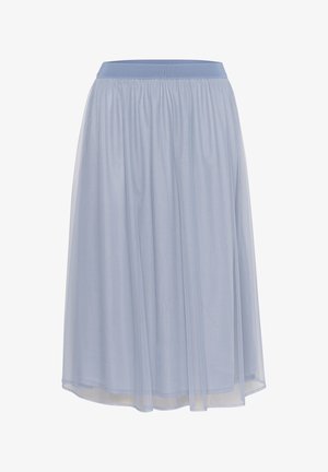 Lyseblå, knælang nederdel lavet af gennemsigtig stof med elastisk talje og svajende design, der har bløde, transparente lag.