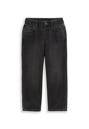 Schwarze Jeans aus Denim mit elastischem Bund, Gürtelschlaufen, Knopfverschluss und Fronttaschen, für Kinder entworfen.