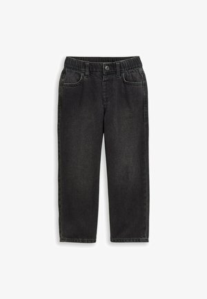 Schwarze Jeans aus Denim mit elastischem Bund, Gürtelschlaufen, Knopfverschluss und Fronttaschen, für Kinder entworfen.