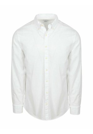 White long-sleeve button-up shirt with button-down collar, front chest pocket, and standard cuffs.