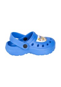 Blue plastic clogs featuring a cartoon character graphic, round toe, back strap, and ventilation holes for breathability.