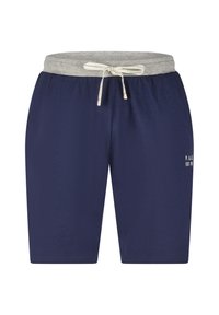 Marineblaue Shorts mit einem grauen elastischen Bund und Kordelzug. Merkmale ein aufgedrucktes Logo auf der unteren rechten Seite. Weicher, glatter Stoff.