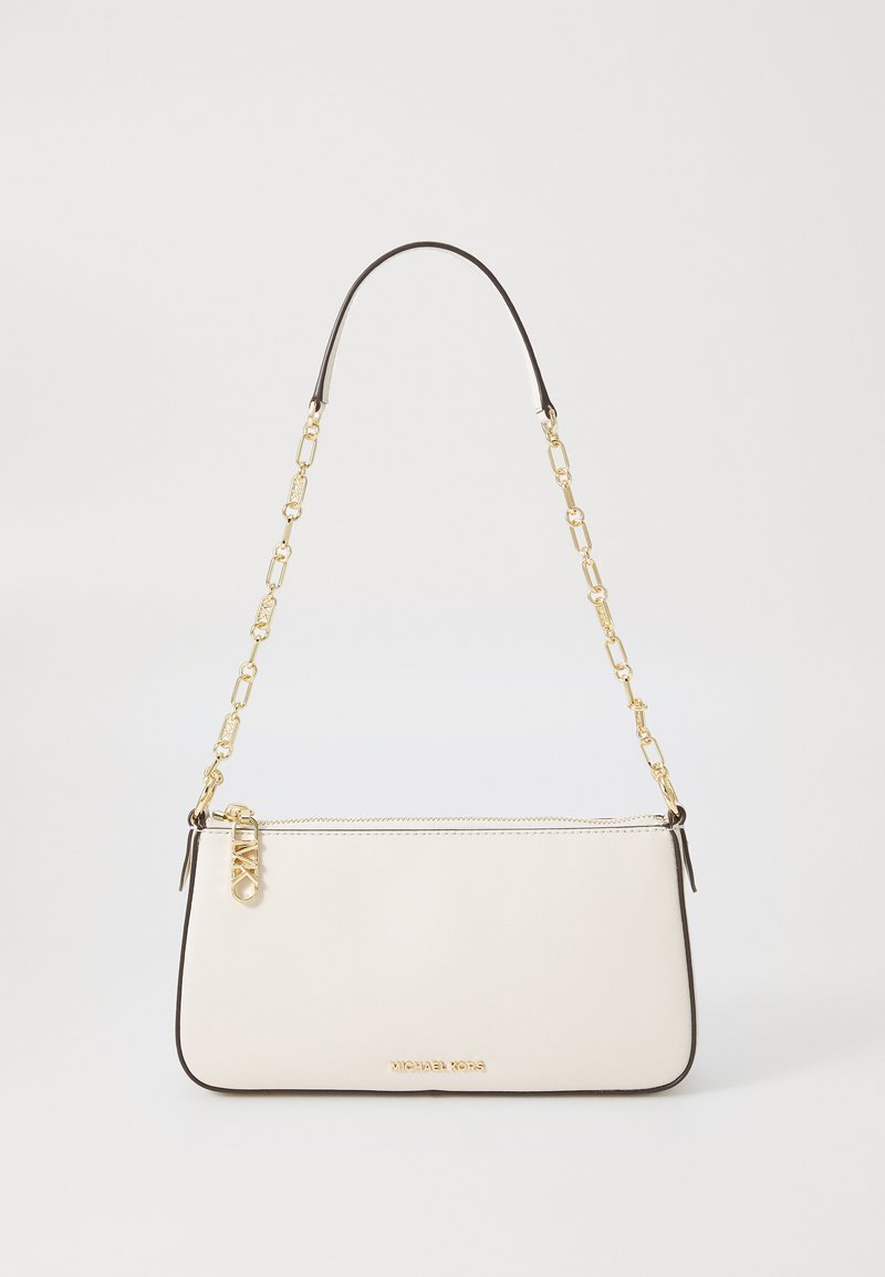 White leather handbag with a gold chain strap, black trim, and a zipper closure. Features gold logo detail on the front. Compact design.