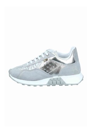 Low-top sneaker with silver metallic and gray suede panels, white laces, perforated side detail, and textured white sole.