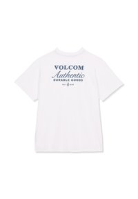 Biała bawełniana koszulka T-shirt o luźnym kroju, z nadrukiem logo "VOLCOM Authentic Durable Goods" w kolorze granatowym z przodu.
