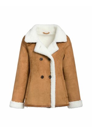 Brązowa, podszyta sztucznym zamszem, dwurzędowa kurtka z białym kołnierzem z owczej wełny i podszewką, z dwoma przednimi kieszeniami i zapięciem na guziki.