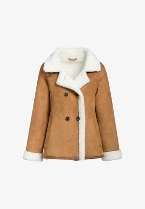 Brązowa, podszyta sztucznym zamszem, dwurzędowa kurtka z białym kołnierzem z owczej wełny i podszewką, z dwoma przednimi kieszeniami i zapięciem na guziki.