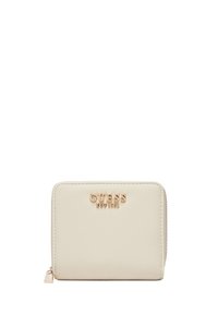 Portafoglio zip colore crema di Guess con logo in rilievo, texture in ecopelle liscia, angoli arrotondati e dettaglio della cerniera metallica.