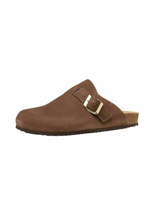 Zoccolo marrone slip-on con cinturino regolabile con fibbia dorata e suola sagomata in sughero, progettato per un comfort casual.