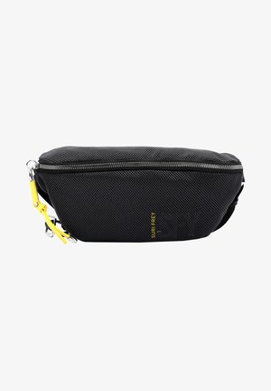 Black textured fanny pack with a zip closure and a yellow accent strap. Features a logo in yellow on one side and a smooth finish.