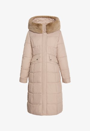 Beige pufferjas met een bontgevoerd capuchon, doorgestikte panelen, lange mouwen en voorzakken met drukknoopsluitingen. Glad textuur en middenlengte ontwerp.