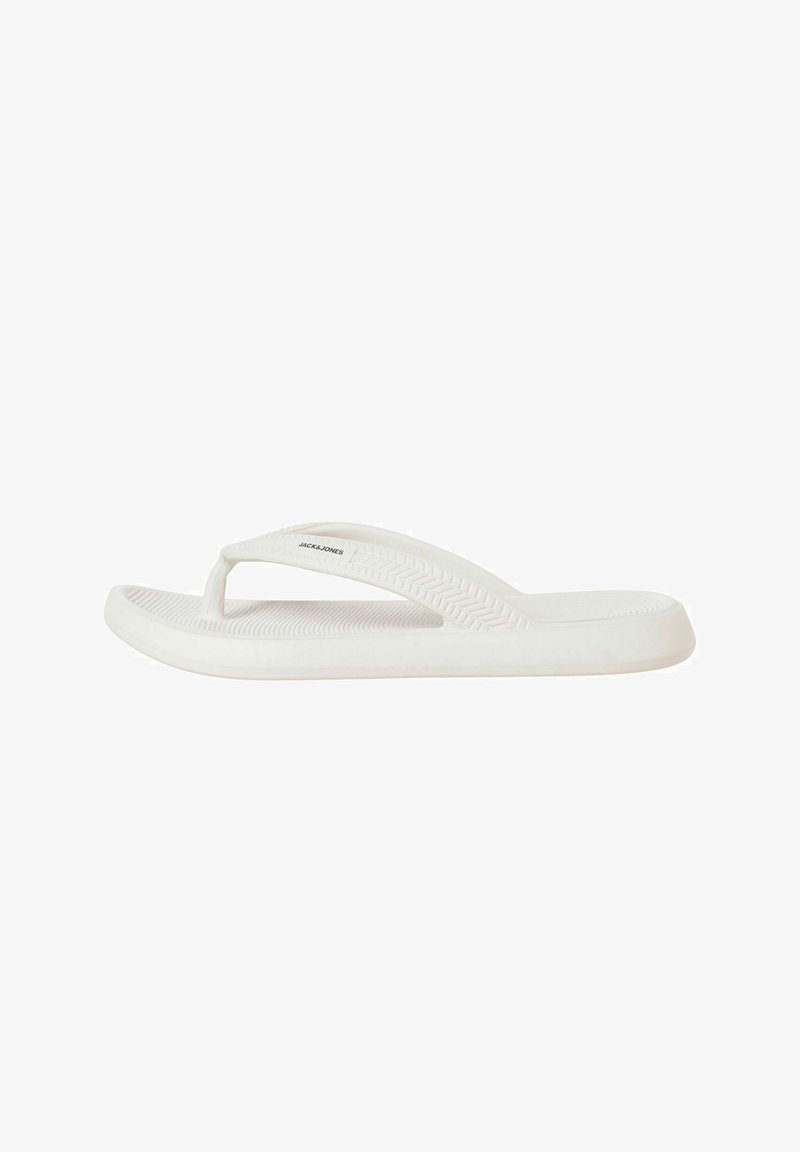 Sandale flip-flop en caoutchouc blanc avec semelle texturée et bride, avec un logo Jack & Jones discret sur le côté de la bride.