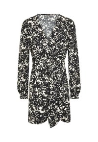 Abito stampato in bianco e nero con maniche lunghe, scollatura a V profonda, vita cinchata e gonna ampia e fluida, con dettaglio a fiocco sul davanti.