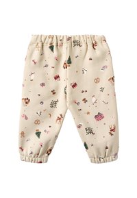 Lyse beige bukser med et festlig trykk av pepperkakehus, reinsdyr og juletre. Elastisk midjebånd og mansjetter ved ankler.