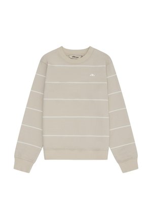 Sweat-shirt beige à col rond avec fines rayures blanches horizontales, poignets et ourlet côtelés, et petit logo blanc sur la poitrine gauche.