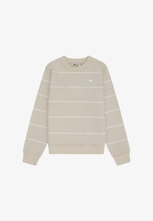 Bež pulover z okroglim izrezom in tankimi belimi vodoravnimi črtami, rebrastimi manšetami in spodnjim robom ter majhnim belim logotipom na levi strani prsnega koša.