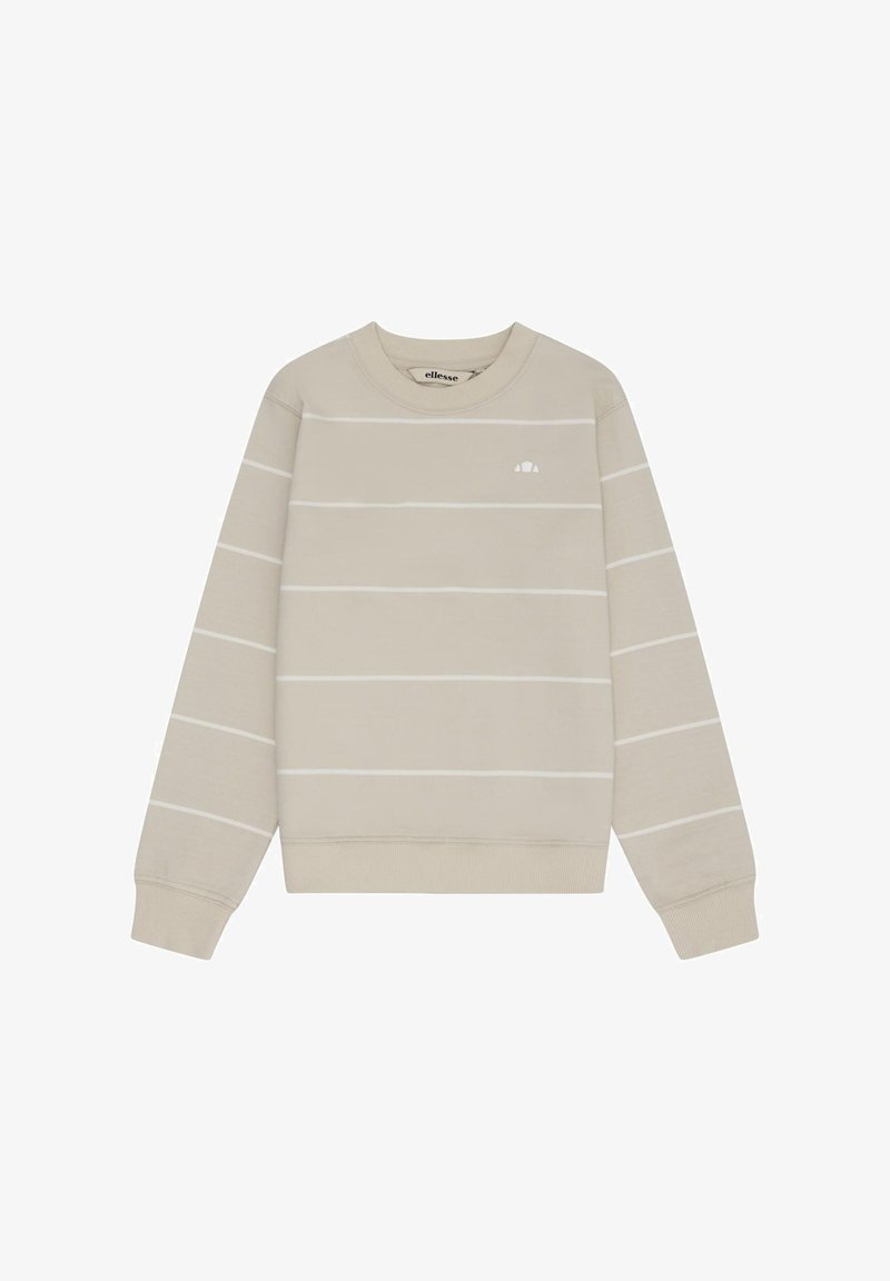 Sweat-shirt beige à col rond avec fines rayures blanches horizontales, poignets et ourlet côtelés, et petit logo blanc sur la poitrine gauche.