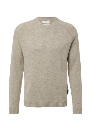 Beige Wollpullover mit Rundhalsausschnitt und langen Ärmeln, mit gerippten Bündchen und Saum, gekennzeichnet mit s.Oliver, vor einem weißen Hintergrund präsentiert.
