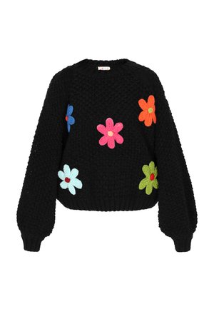 Černý pletený svetr s dlouhými, nabíranými rukávy. Obsahuje barevné květinové aplikace v růžové, modré, zelené, oranžové a světle modré barvě.