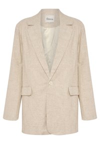 Jasnobeżowy blezer wykonany z teksturowanej tkaniny. Posiada klapę z wycięciem, pojedyncze zapięcie na guzik oraz dwie przednie kieszenie. Wnętrze bez podszewki.