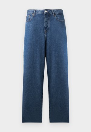 Sinised denim teksad sirge lõikega, kõrge vöökoht ja kaks esikotti. Omab klassikalist õmbluse detaili ja nupu sulgemist.