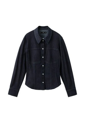 Camisa negra de denim de manga larga con cuello puntiagudo y cierre frontal con botones blancos.