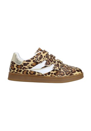 Leopard print sneakers with three Velcro straps, white accents, and a gold heel detail. Rubber sole, rounded toe, textured upper.