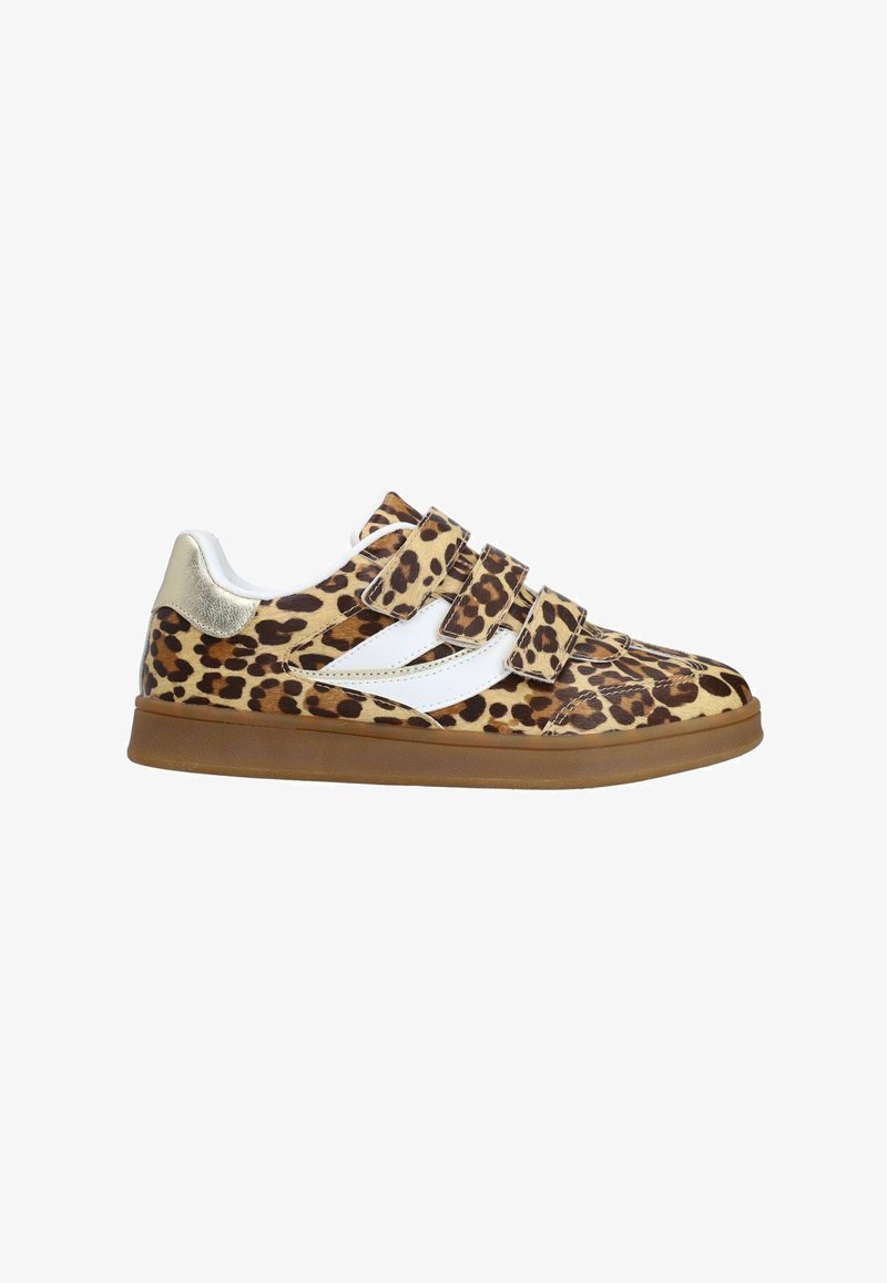 Leopard print sneakers with three Velcro straps, white accents, and a gold heel detail. Rubber sole, rounded toe, textured upper.