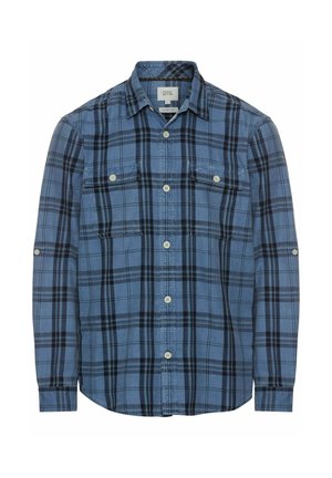 Blue plaid long-sleeve shirt made from cotton, featuring button-down front, two chest pockets, and black accents in the check pattern.