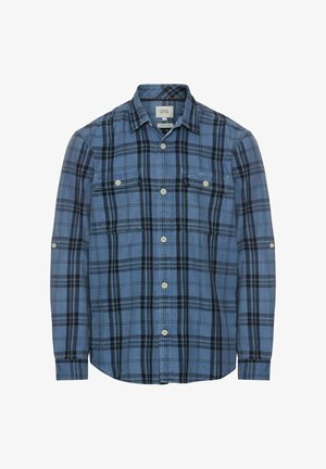 Chemise à manches longues à carreaux bleus en coton, avec un devant boutonné, deux poches sur la poitrine et des accents noirs dans le motif à carreaux.