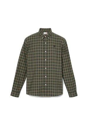 Camicia a maniche lunghe a scacchi verde e marrone con colletto abbottonato e piccolo logo ricamato sul petto sinistro.