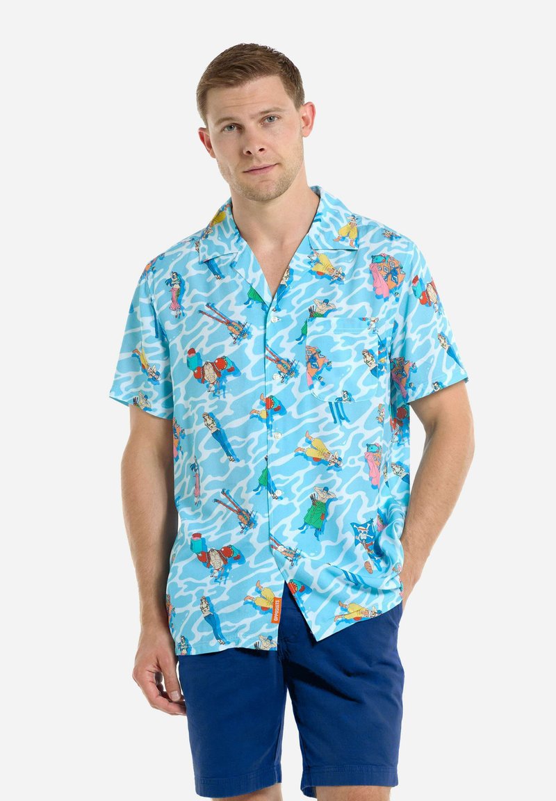 Short-sleeve blue patterned shirt featuring cartoon figures on a light blue camo background, paired with navy shorts.