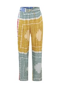 Pantalones impresos con una variedad de colores que incluyen amarillo, verde, rojo y azul, con una cintura con cordón y un diseño de pierna ancha.