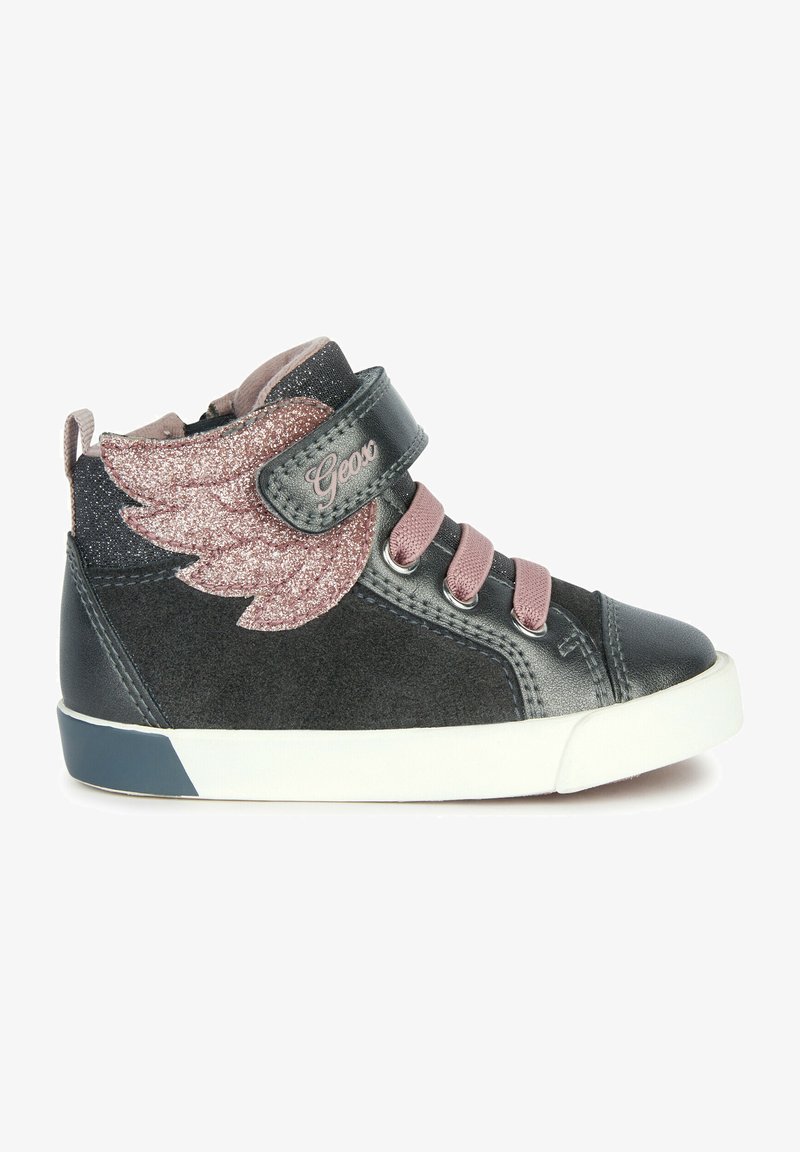 Black suede high-top sneaker with pink glitter wing design, pink laces, and Velcro strap. White rubber sole. Notable brand logo visible.