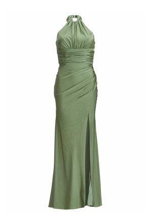 Ärmelloses olivgrünes Satin-Abendkleid mit gerafftem Bund, Halterneck, Ausschnitt-Detail und seitlichem Schlitz bis zum Oberschenkel.