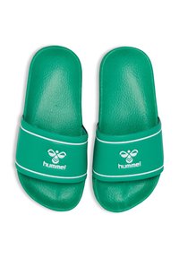 Green rubber slide sandals with a textured footbed, wide strap, white accents, and a logo featuring a bee design on the strap.