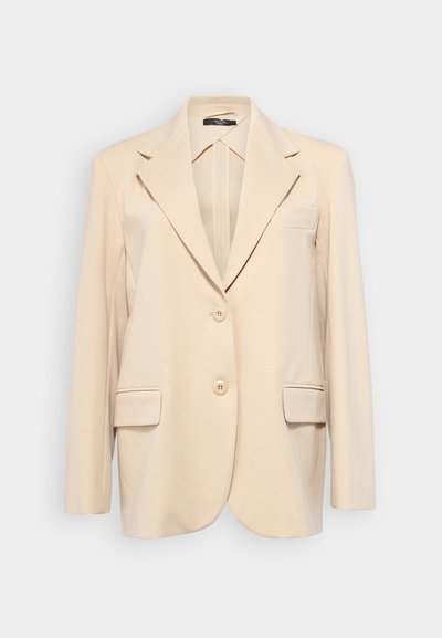 Beige tailored blazer made of smooth fabric, featuring a notched collar, two front pockets, two buttons, and a single chest pocket.