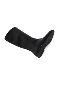 Black leather knee-high boot with a smooth finish, rounded toe, and a sturdy rubber sole. Features a subtle seam detail and minimal hardware.