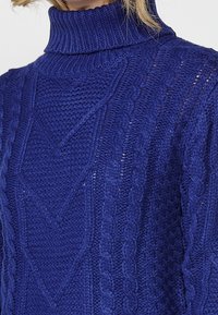 Pull à col roulé en cobalt bleu tricoté, avec des motifs en câble texturé et une coupe décontractée. Le tissu semble chaud et doux.