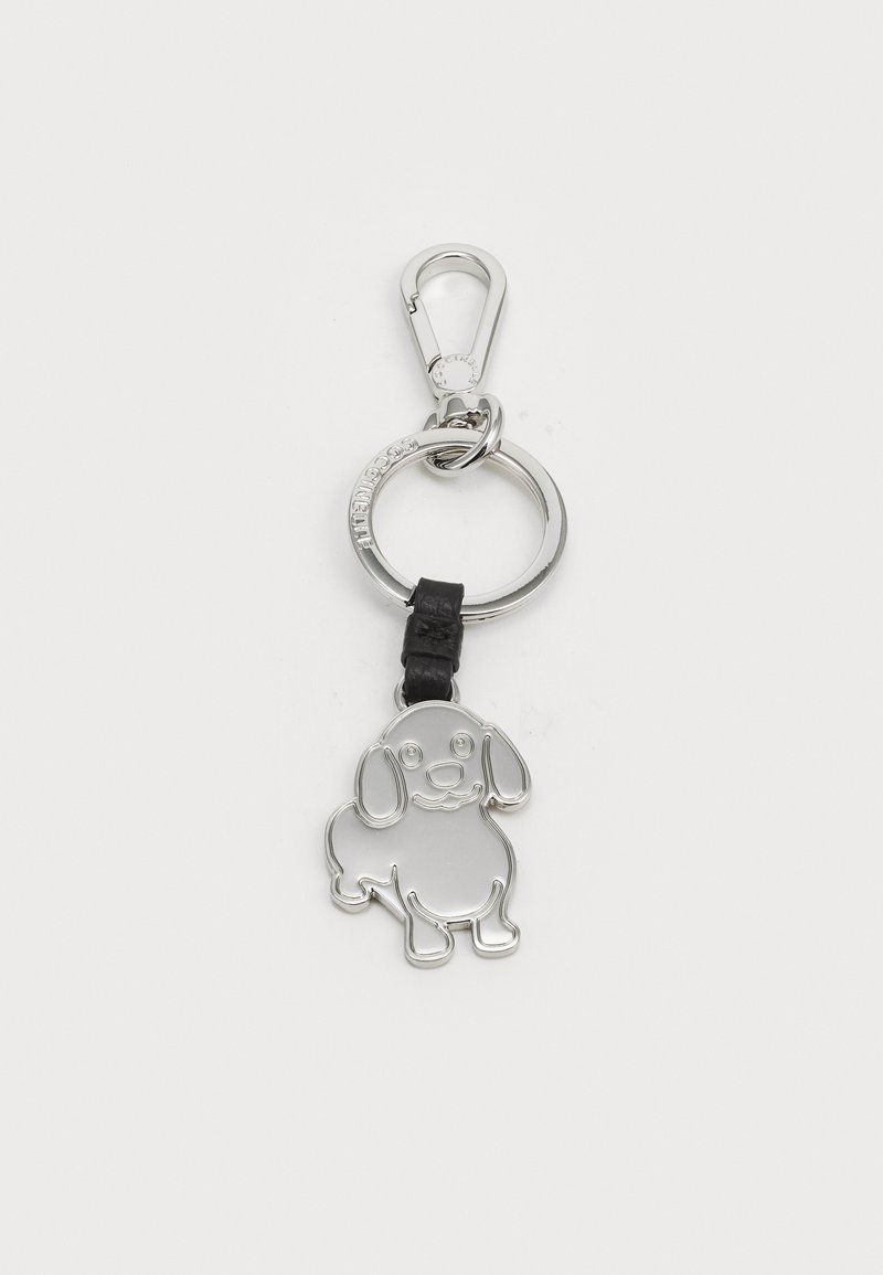 Silver dog-shaped keychain with a glossy finish, attached to a black leather strap and a metal keyring. Features a clasp for attachment.