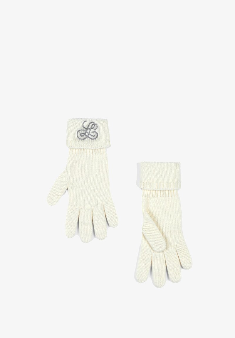 Kremne pletene rokavice z rebrastim manšetom, s sivim vezenim logotipom na manšeti. Mehka tekstura in klasična zasnova z petimi prsti.