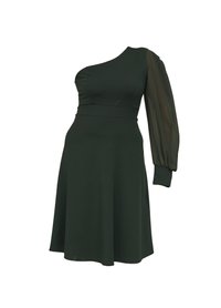 Robe à une épaule en vert foncé, avec un corsage ajusté et une manche bouffante fluide et transparente. Tissu lisse avec un design de jupe évasée.