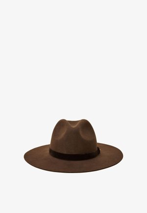 Brauner Filzhut mit breiter Krempe des Typs Fedora mit einem dunkelbraunen Band um die Krone auf weißem Hintergrund.