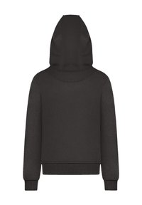 Schwarzer Kapuzenpullover mit glatter Textur, ausgestattet mit einer mittigen Naht sowie gerippten Bündchen und Saum. Die Kapuze hat ein strukturiertes Design.