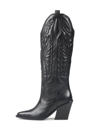 Black leather cowboy boot with intricate stitching details, a pointed toe, and a chunky heel. Features a tall shaft with embossed patterns.