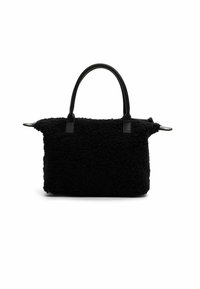 Borsa nera realizzata in tessuto testurizzato con un'esterno soffice. Presenta due manici corti in pelle e una chiusura a zip.