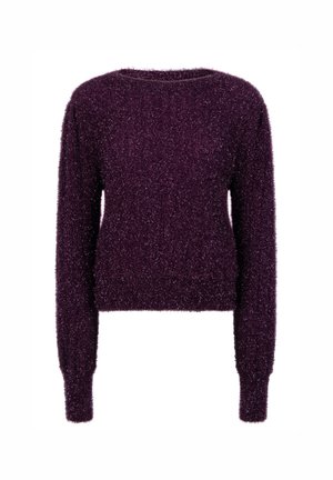 Paarse fuzzy trui met een ronde halslijn, lange mouwen en een gestructureerde afwerking. Heeft een aansluitende zoom voor een snug fit.