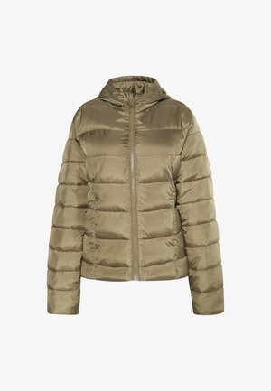 Olivgrüne Steppjacke mit Kapuze, gestepptem Muster, durchgehendem Reißverschluss und langen Ärmeln. Weicher, glänzender Stoff mit gerippten Akzenten.